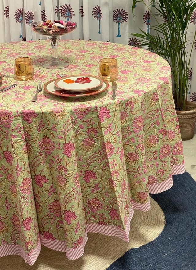 Ridhi Block Print Round Pistachio Green Reusable Tablecloth 100% Cotton 60" Inch Decorative Table Cover eveyday Dining, Home, Party, Wedding, Farmhouse Gift for Spring, Easter, Valentine