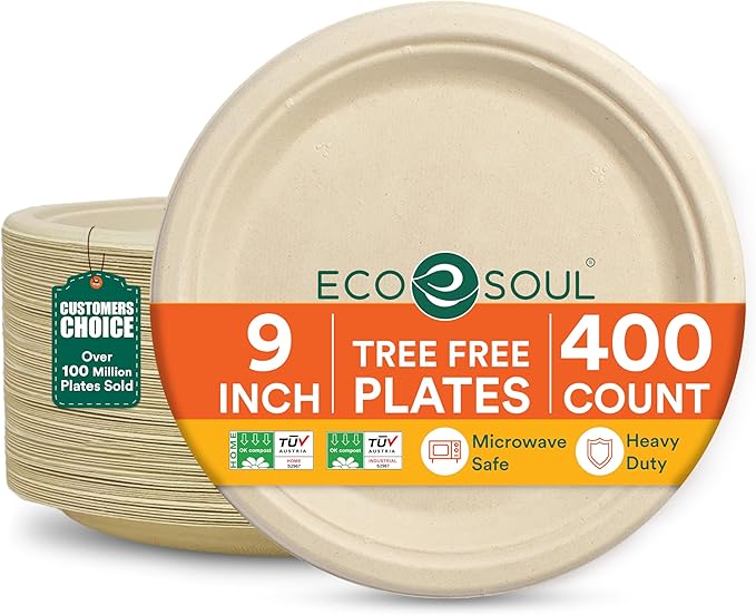 ECO SOUL Compostable 9 Inch(400-Pack) Biodegradable Heavy-Duty Disposable Eco-Friendly Paper Plates for Dinner & Parties, Wedding, Event