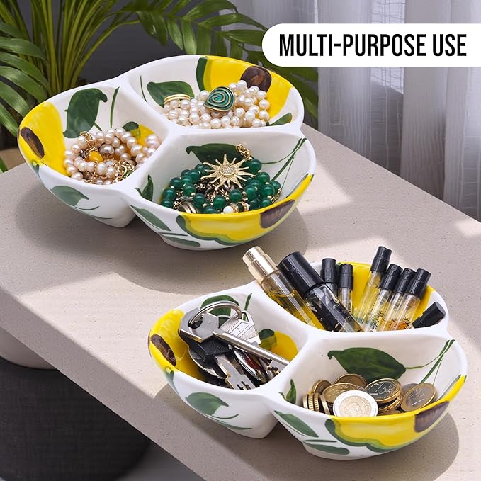 Ceramic Chip & Dip Bowl 7.5”, 3-Compartment Divided Serving Dish & Condiment Tray for Appetizers – Handmade in Spain, Lead-Free Glaze, Microwave, Oven & Dishwasher Safe