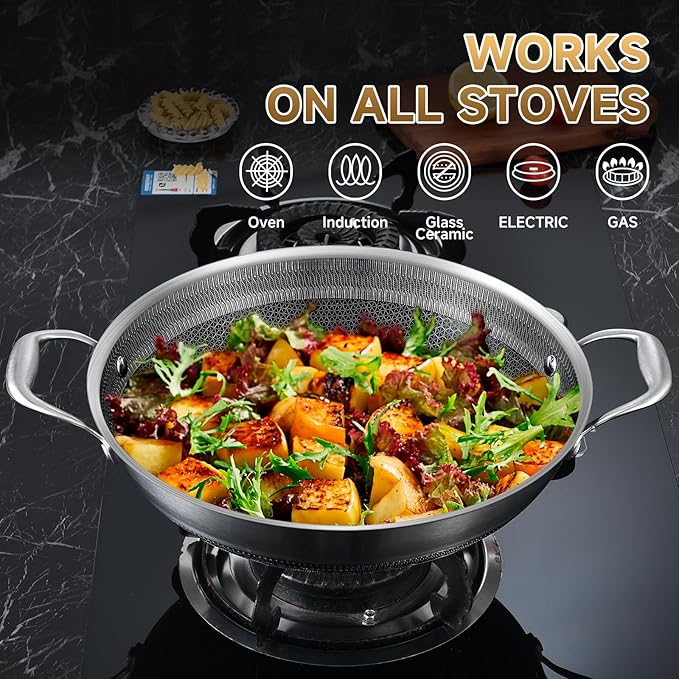 LOLYKITCH 13 Inch New Hybrid Tri-Ply Stainless Steel Wok Pan with Lid,Ceramic Non Stick Stir-Fry Pans,Induction Cooking Pot,Dishwasher and Oven Safe