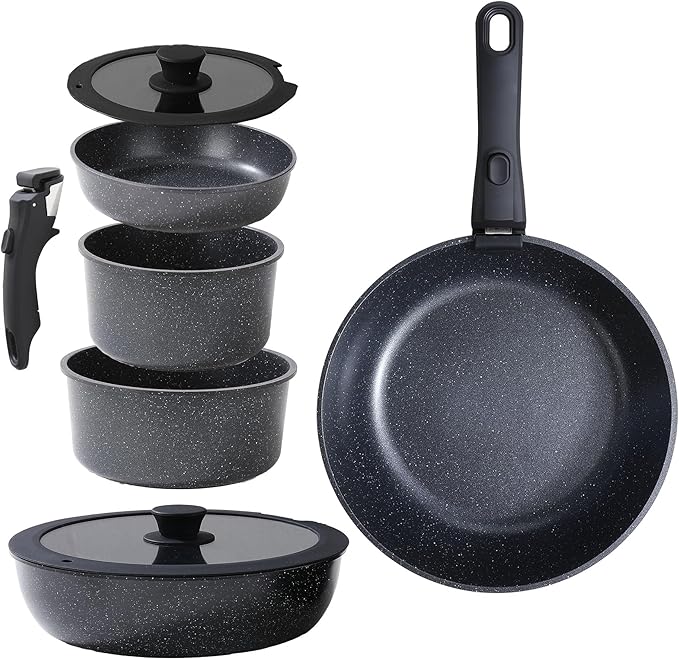 Black Pots and Pans Set Non Stick Removable Handle Ceramic Cookware Set Nonstick 9Pcs Dishwasher Oven Safe RV Kitchen Cooking Set Stackable Induction Cookware (Black, 9Pcs)