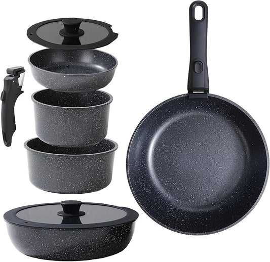 Black Pots and Pans Set Non Stick Removable Handle Ceramic Cookware Set Nonstick 9Pcs Dishwasher Oven Safe RV Kitchen Cooking Set Stackable Induction Cookware (Black, 9Pcs)