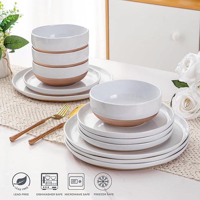 AmorArc Ceramic Dinnerware Sets for 8, 24 Pieces Handpainted Plates and Bowls Set with Rustic Terracotta Underside, Scratch Resistant Stoneware Dishes Set, Dishwasher & Microwave Safe, White