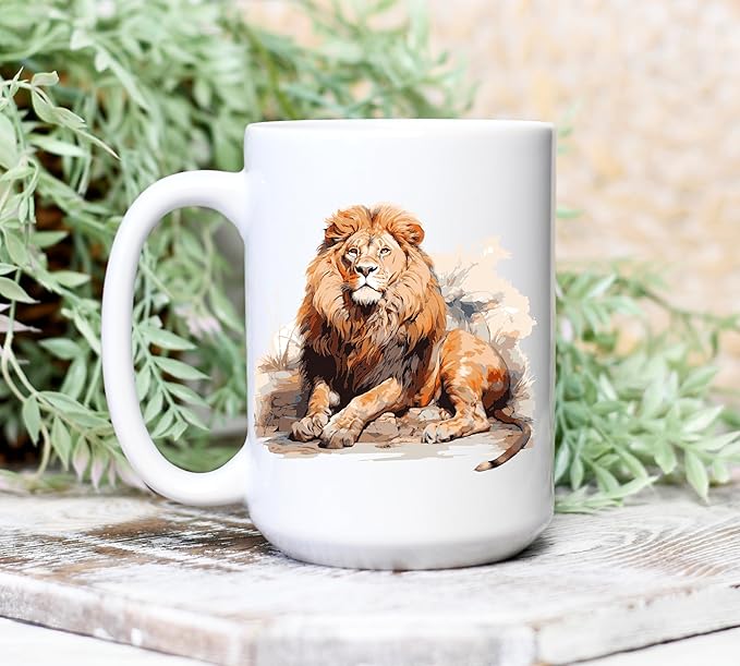 C M Lion Ceramic Coffee Mug, 15 oz. - Lion Themed Gift for Women and Men