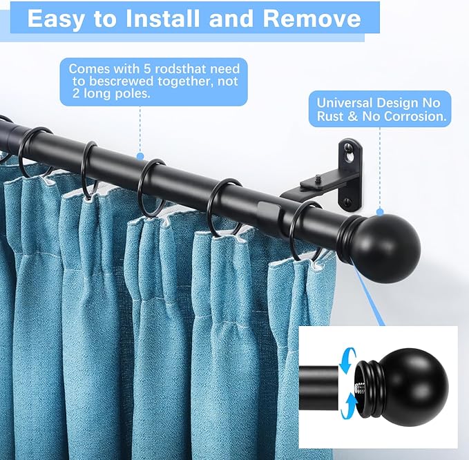 Curtain Rods for Windows 16 to 76 Inches, Curtain Rod Max Adjustable Length of 88 IN, 6/8" Diameter Drapery Rods Round Finials, Black, Pack of 2