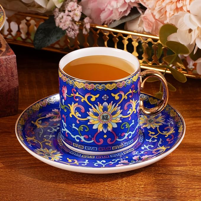 KAMMAK Tea Cups and Saucers Set of 2, Porcelain Coffee Cups with Saucer for Espresso, Cappuccino, 7oz Vintage Yellow and Blue Ceramic Novelty Mug for Home, Tea Party, Office