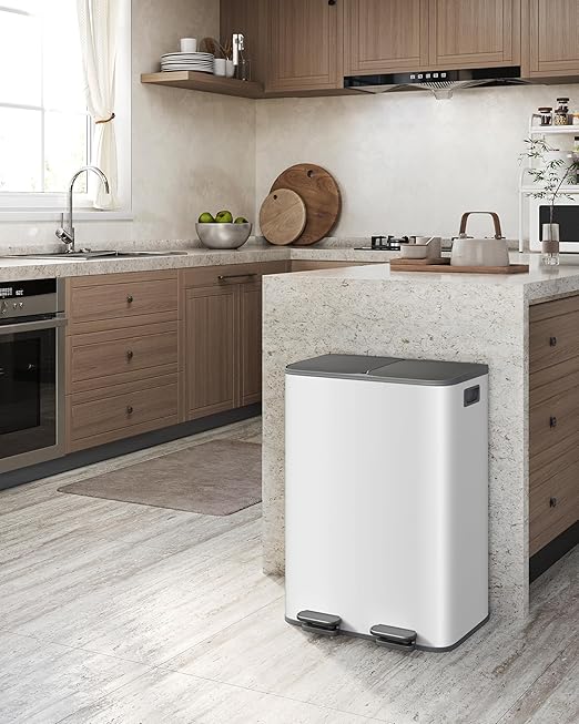 Garvee Trash Can, 2 x 8 gal (2 x 30 L) Garbage Can for Kitchen Dual Compartment Recycling Kitchen Step Trash Bin, Stainless Steel Trash and Recycle Bin Combo with Soft-Close Lid, Grayish-White