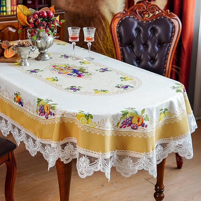 SUTAVIA Oval Lace Table Cloth Waterproof Tablecloth Elegant Farmhouse Table Cover Classic Yellow Lemon Decor for Home Holiday Party Dining Table Picnic(Yellow, Oval, 60"x84")