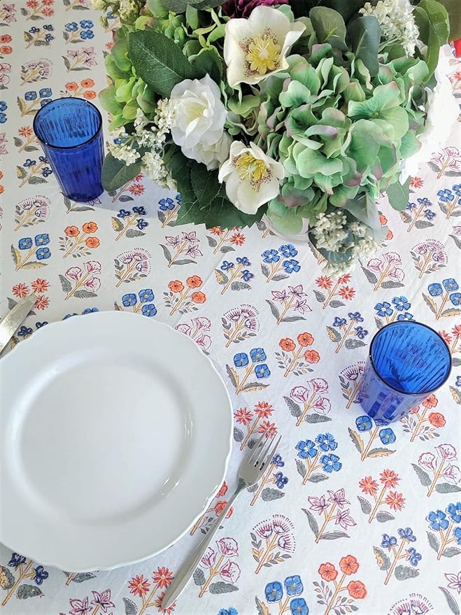 ATOSII Flora Bloom 100% Cotton Rectangle Boho Fall Tablecloth, Handblock Floral Table Cloth Linen for Kitchen Dining I Parties Wedding Outdoors Christmas Thanksgiving I 72 X 140 Inches I 12 Seater