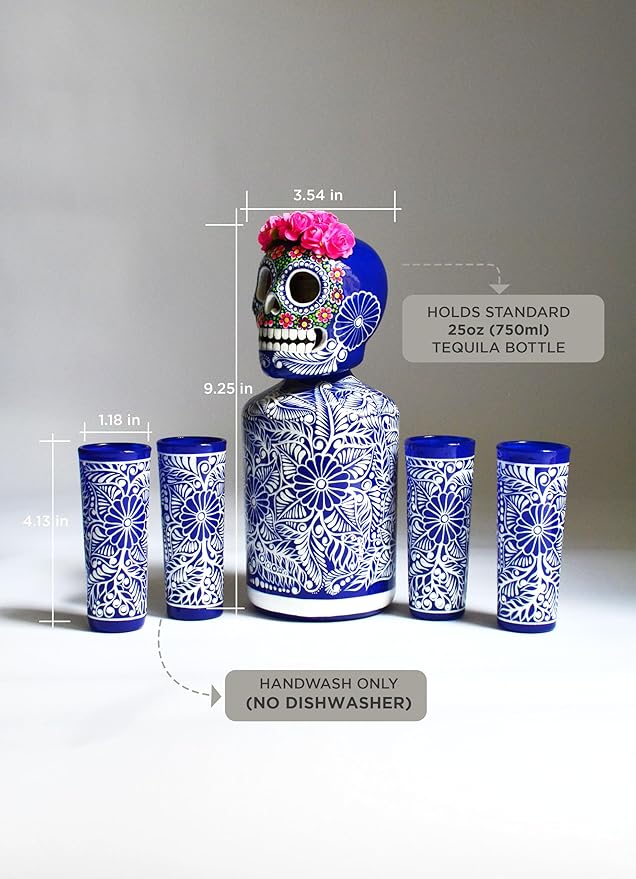 Tequila Decanter Set, Liquor Decanter with Shot Glasses and Mexican Sombrero, Hand-painted Decanter, Skull Decanter, Bar Decoration, Unique Tequila Gift, Gift For Dad (Blue Catrina Set)