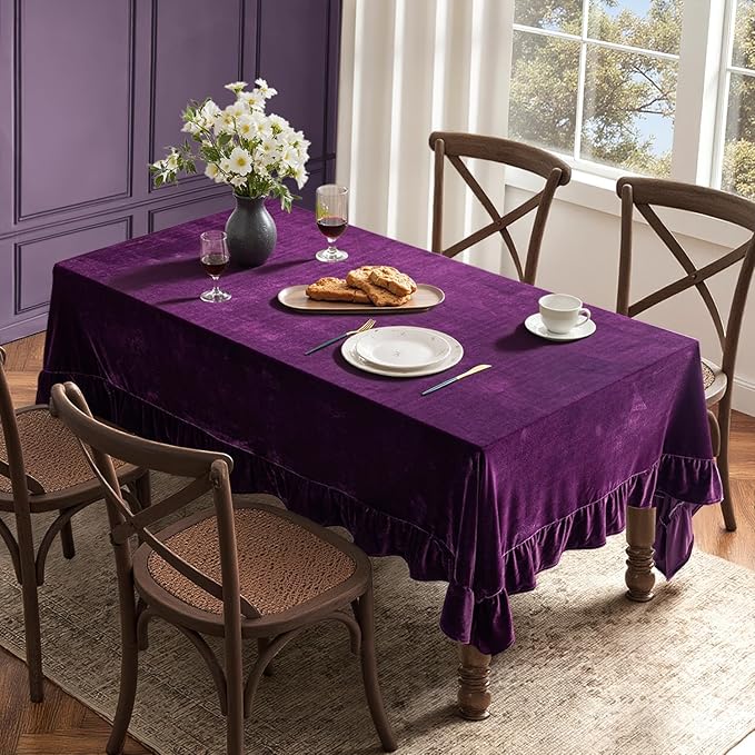 MIULEE Velvet Table Cloth with Decorative Ruffle Edge Luxurious Soft Washable Rectangular Tablecloth Thick Wrinkle-Resistant Oblong Table Cover for Kitchen Dining Party Wedding 52x70 Inch, Purple