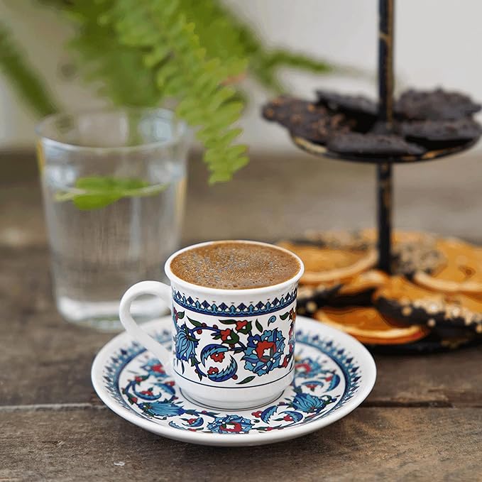 Turkish Coffee Cup Set of 2 with Saucers & Holder – Ceramic, Dishwasher-Safe, Keeps Warm – Patterned Turkish Espresso Cups Set for Home & Office (Standart, 2, Count)
