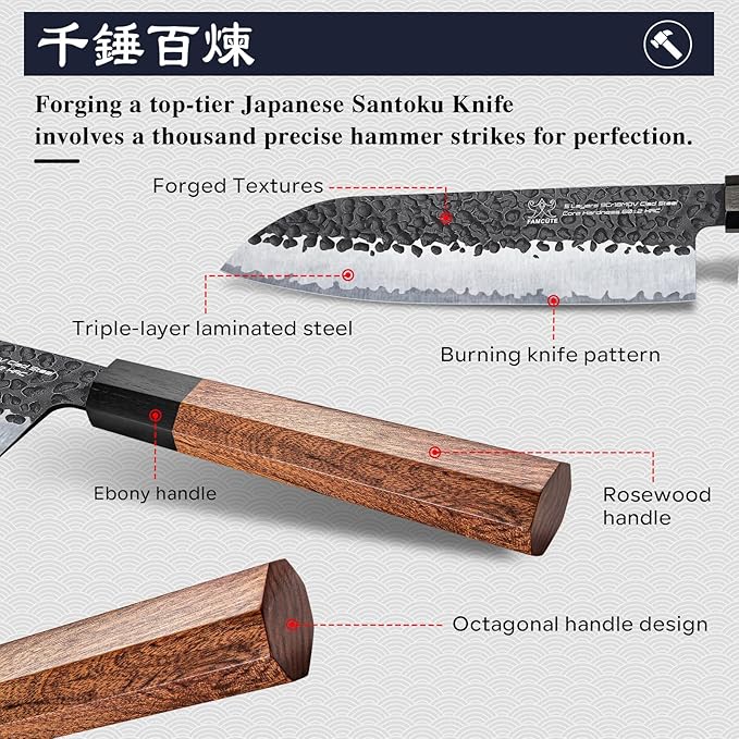 Santoku Knife 7 inch, Hand Forged 5 Layers 9CR18MOV High Carbon Steel Professional Kitchen Knife, Ultra Sharp Rosewood Handle Japanese Chopping Knife As a Thoughtful Christmas Gift for Dad/Mom