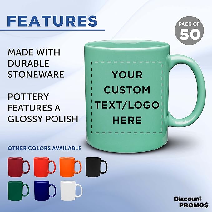 Custom Ceramic Coffee Mugs 11 oz. Set of 50, Personalized Bulk Pack - Coffee cup set, Iced coffee cup, Gaming mug - Teal