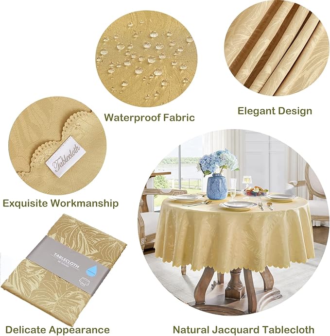 Round Tablecloth 70 Inch Fabric Table Cloth Leaves Pattern Scalloped Edge Silky Tablecloth Waterproof Washable Table Cover for Kitchen Dining Party Banquet Patio Decor Golden