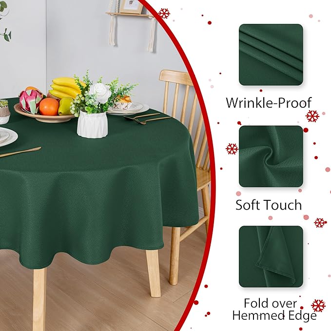 Hiasan Round Textured Tablecloth 60 Inch - Waterproof Spillproof Antiwrinkle Jacquard Table Cloth, Decorative Polyester Table Cover for Kitchen, Picnic, Holiday and Parties, Hunter Green