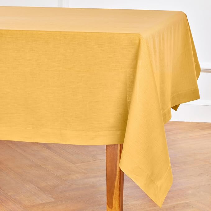 Solino Home Linen Tablecloth 60 x 108 Inch - 100% Pure Linen Mustard Yellow Table Cloth for Rectangle Tables - Fete, Machine Washable Tablecloth for Spring, Easter