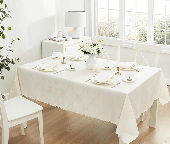 Newbridge Ribbons and Bows Damask Spring & Easter Holiday Fabric Tablecloth, Ivory, 60 x 84 Inch Rectangle, Wrinkle & Stain Resistant Table Cover
