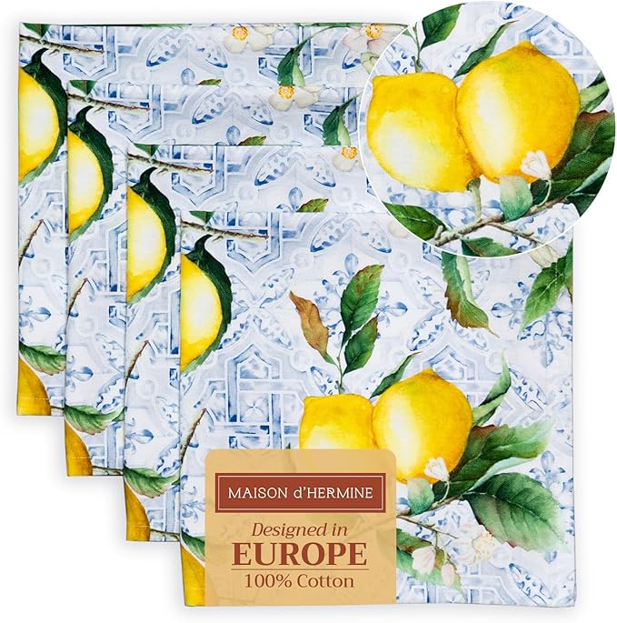 Maison d' Hermine Cloth Napkins Set of 4 100% Cotton Everyday Reusable Square Napkins Cloth Washable Dinner Party Wedding Restaurant Valentines Day Decorations Spring/Summer (Citrus, 20" x 20")