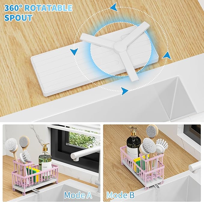 Cisily Sponge Holder for Kitchen Sink, Sink Caddy Organizer with High Brush Holder, Kitchen Countertop Organizers and Storage Essentials, Rustproof 304 Stainless Steel (Pink, 9.25″)