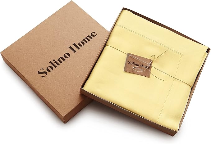 Solino Home Yellow Linen Tablecloth 54 x 72 Inch - Classic Hemstitch, 100% Pure Linen Rectangular Tablecloth - Machine Washable Table Cloth for Valentines, Spring, Easter