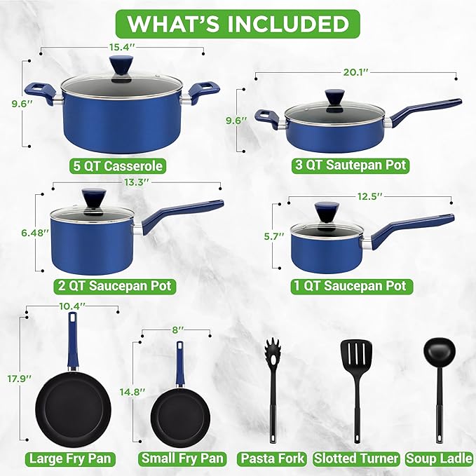 NutriChef 13-Pc Royal Blue Cookware Set - Nonstick Pots & Pans with See-Through Lids, Even Heat Distribution, Cool-Touch Handles, Utensils Included - NCCWA13BU