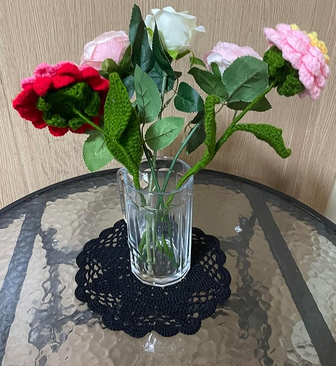 BIBITIME Handmade Crochet Round Lace Doilies Kitchen Table Placemats Wedding Tea Flower Vase Cup Mats (Black, 6" to 7",Pack of 4PCS)