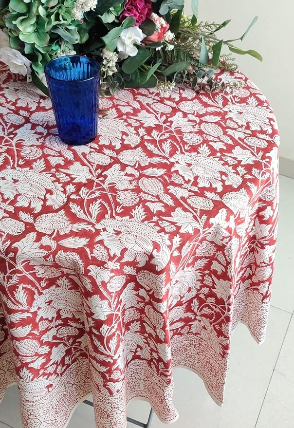 ATOSII Meraki Red 100% Cotton Round Tablecloth, Handblock Print Floral Table Cloth for Kitchen Dining Linen I Parties, Weddings, Outdoors I 60" Inches Round I 4 Seater