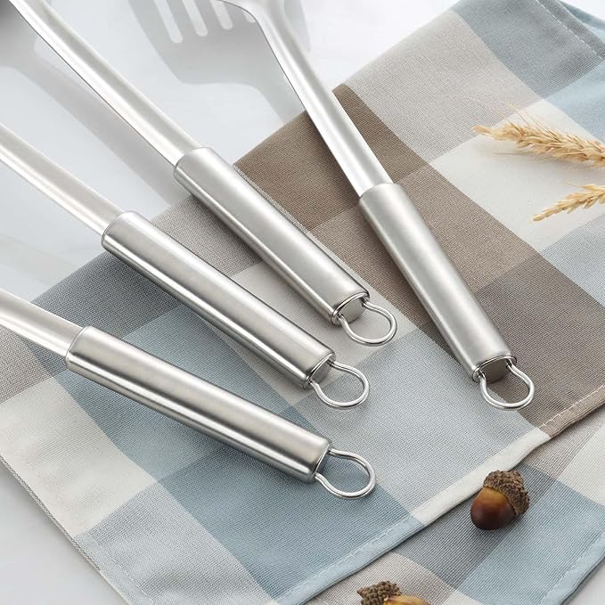 Pleafind Cooking Utensils Set - 4 Pcs Stainless Steel Kitchen Utensils, Wok Utensils Set Include Wok Ladle, Wok Spatula, Slotted Spoon and Slotted Spatula, Dishwasher Safe