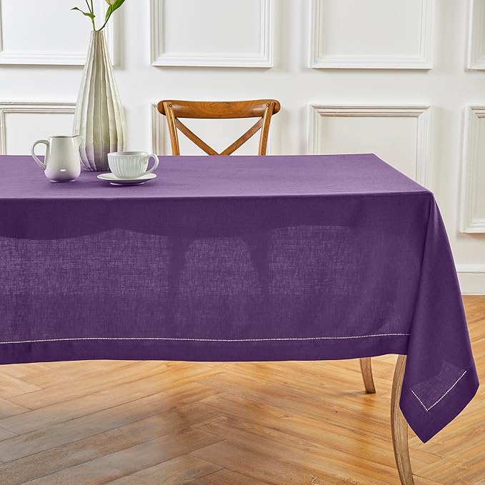 Solino Home Linen Tablecloth for Rectangle Tables 60 x 132 Inch - Classic Hemstitch 100% Pure Linen Purple Table Cloth - Machine Washable Cloth Tablecloth for Valentines, Spring, Easter