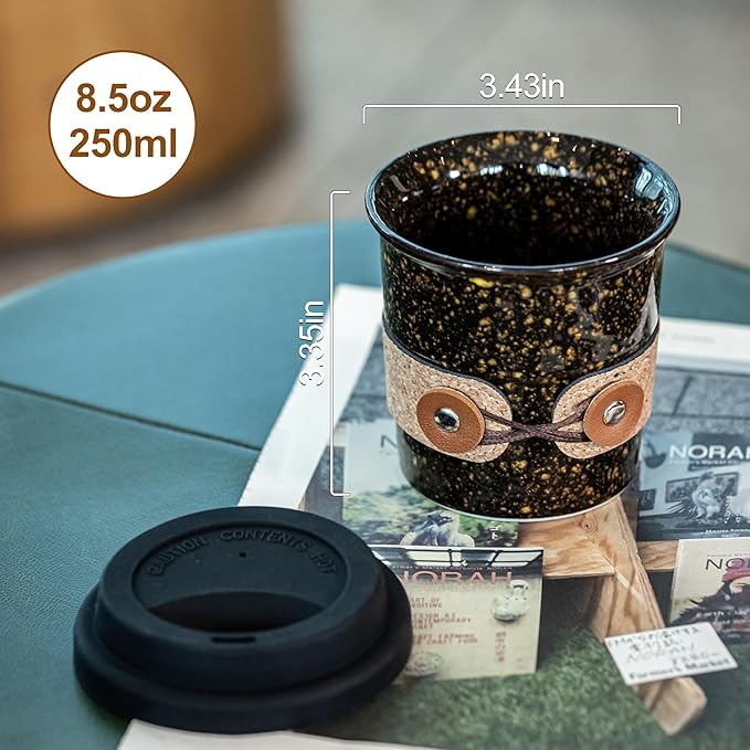 Travel Coffee Mug, Ceramic Coffee Tumbler with Lid, Porcelain Tea Mug, Reusable Camp Cups, Microwave & Dishwasher Safe, Modern Style, Gifts for Men and Women, 8.5oz