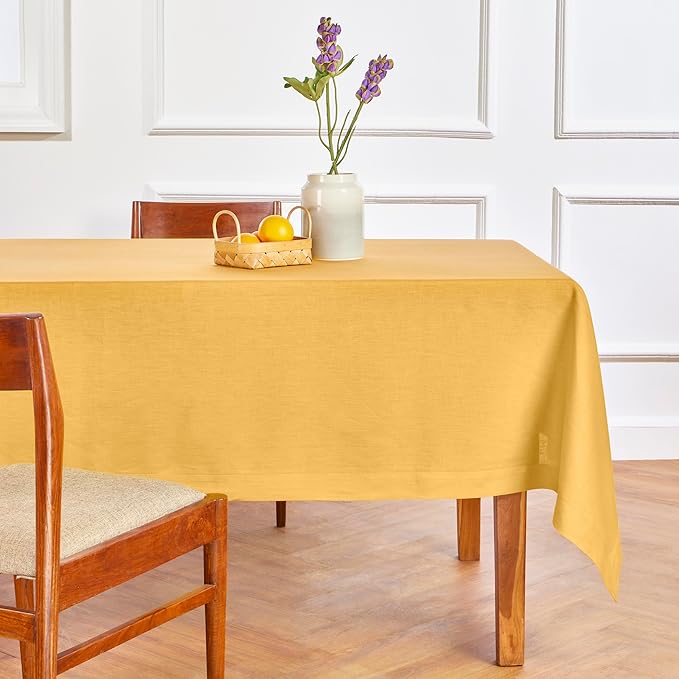 Solino Home Linen Tablecloth 52 x 52 Inch - 100% Pure Linen Mustard Yellow Square Tablecloth - Fete, Machine Washable Table Throw for Spring, Easter