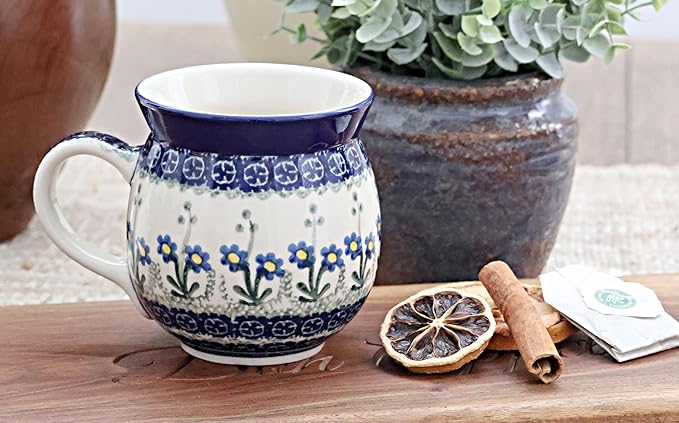 Blue Rose Polish Pottery - Blue Posy Bubble Mug - 16 oz - Unique Shape Mug for Coffee & Tea