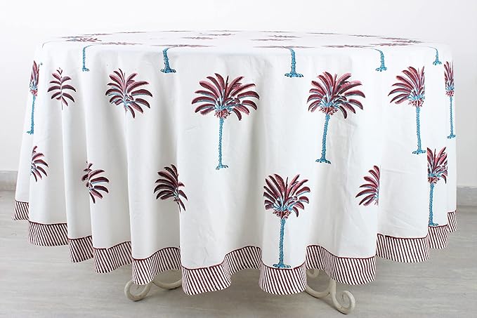 Ridhi Block Print Round Red Palm Reusable Tablecloth 100% Cotton 60" Inch Decorative Table Cover eveyday Dining, Home, Party, Wedding, Farmhouse Gift for Spring, Easter, Valentine