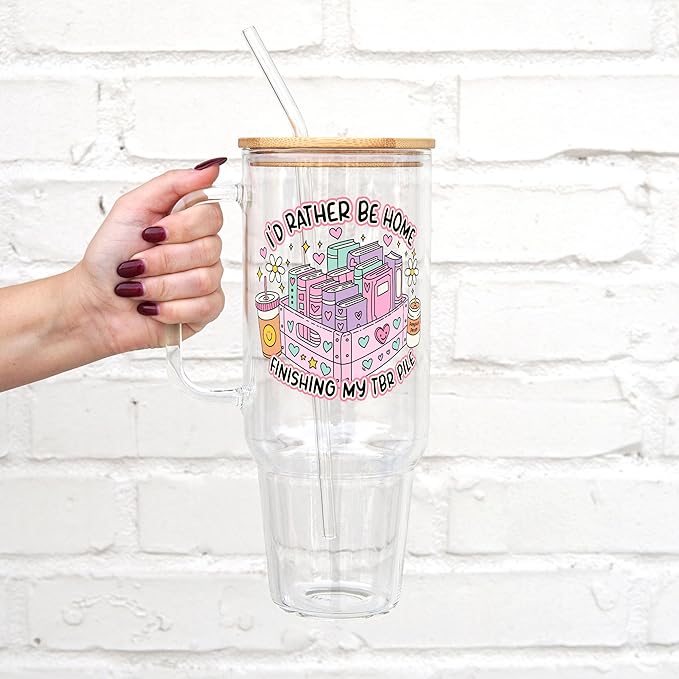 Sip-Sip Hooray! 40oz I’d Rather Be Reading Glass Tumbler with Lid and Straw, Book Lover Gift, Booktok, Gift For Reader Drinkware Handmade Aesthetic Coffee Beverage Mug Tumblers Bottles