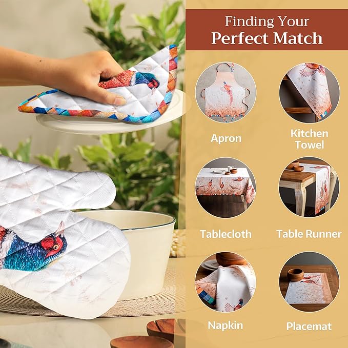 Maison d' Hermine Oven Gloves 100% Cotton Oven Mitt 7" x 13" with Loop Heat Resistant BBQ Cooking Gloves for Thanksgiving Christmas Decorations Baking Handling Hot Pans (Pack of 1, Faisan D'Automne)