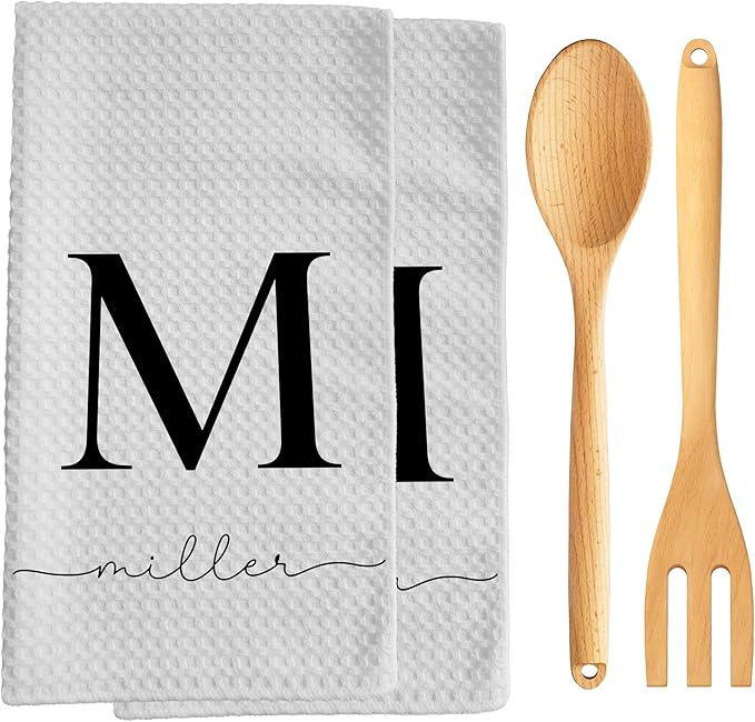 Custom Name Kitchen Towel | Personalized Tea Towel | Family Monogram Dish Towel | Farmhouse Decor | Hand Towel | Microfiber Dishcloth Gift (2 Towels + 2 Utensils)
