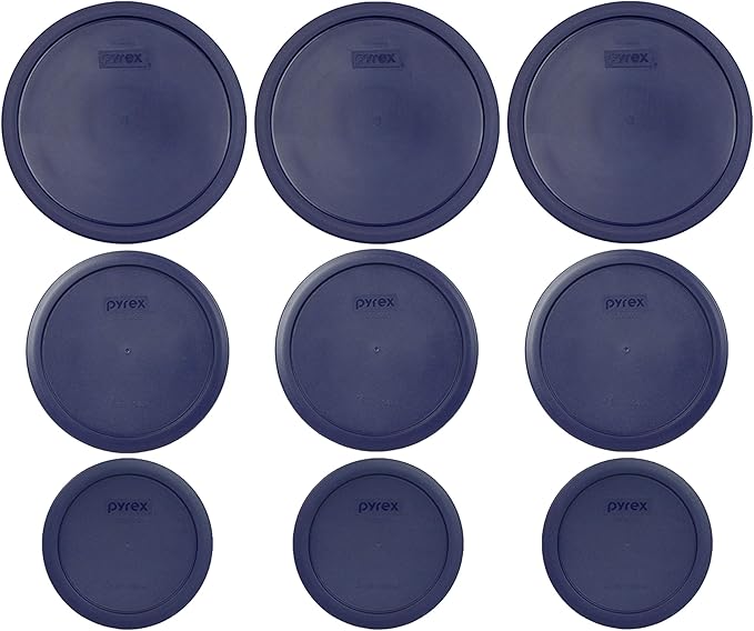 Pyrex (3) 7403-PC 10-Cup, (3) 7402-PC 6/7-Cup, & (3) 7201-PC 4-Cup Blue Food Storage Replacement Lids - Made in USA