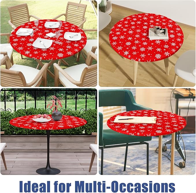 Round Spandex Christmas Tablecloth, Elastic Fitted Waterproof Tablecloths for 45"-56" Tables, Stretch Washable Picnic Table Cover for Christmas Dinner, Dot Snowflake