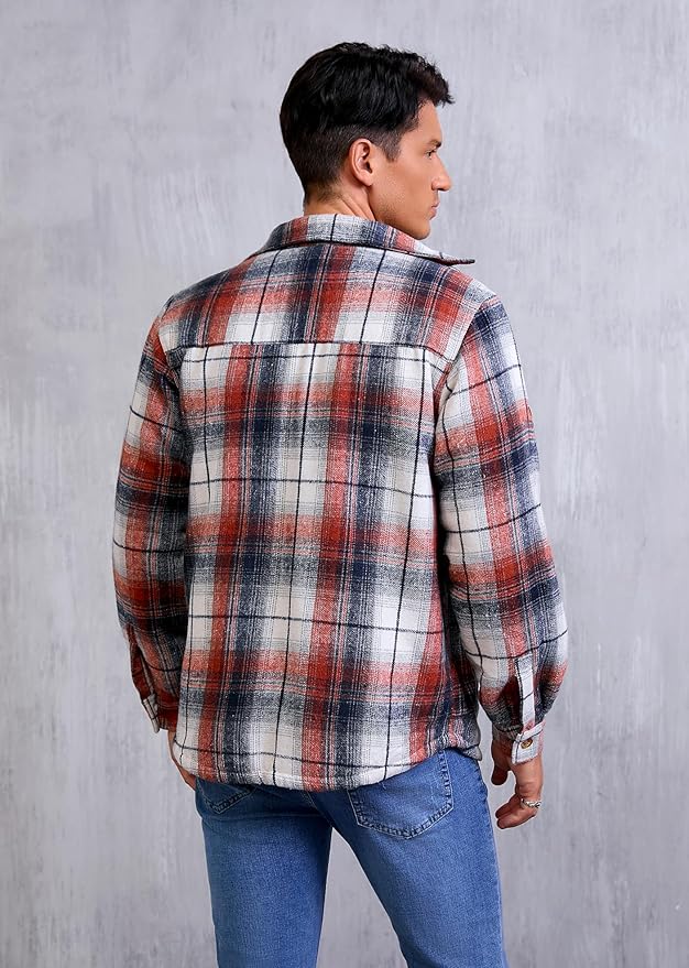 Men's Cotton Sherpa Lined Button Down Flannel Shirt Jacket Plaid Soft Outdoor Flannel Jacket Shirt