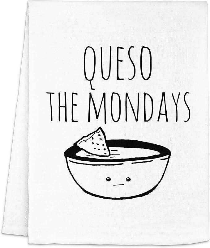 Moonlight Makers Cheese-Themed Funny Kitchen Towels - Decorative Handmade Cotton Dish Towels, Absorbent Tea Cloth, Unique Housewarming Gifts, Home Essentials, 28x28in - Queso the Mondays, White, 1-PC