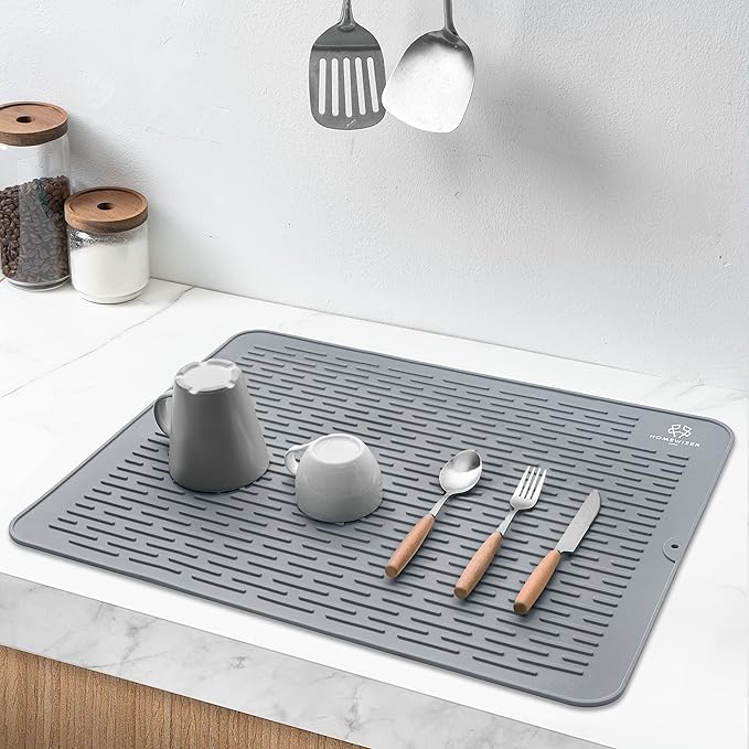 Silicone Dish Drying Mat for Kitchen Counter, Extra Large, 23” x 18” Heat Resistant, Non-Slip Design, Quick Dry, Easy Clean, Raised Edge Holds Water, BPA Free, Food Grade Silicone- Gray