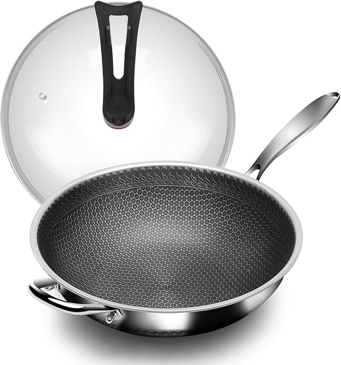 Wok Pan 12 Inch with Standing Lid, 18/10 Stainless Steel Honeycomb Wok, Hybrid Stir Fry Pan with Flat Bottom, Physical Non-Stick Structure, Induction Compatible, Dishwasher & Oven Safe