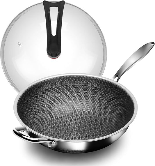 Wok Pan 12 Inch with Standing Lid, 18/10 Stainless Steel Honeycomb Wok, Hybrid Stir Fry Pan with Flat Bottom, Physical Non-Stick Structure, Induction Compatible, Dishwasher & Oven Safe