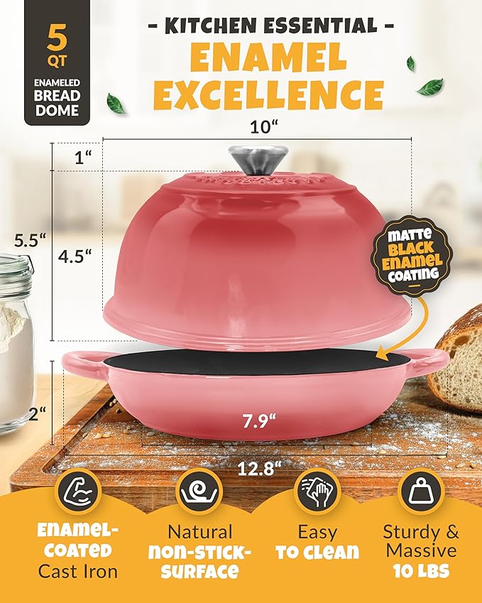 Dutch Oven Bread Baking - 5QT Enamel Bread-Oven - incl Sourdough Bread-Baking Suppliers like Dough Whisk Scoring Lame etc Bread-Dome Cast Iron Bread-Pan with Lid for Sour dough, Bread-making