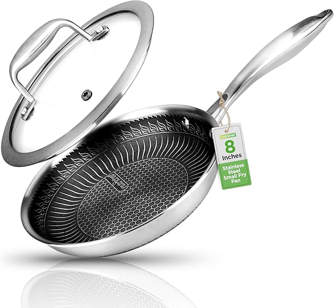 NutriChef 8" Stainless Steel Frying Pan with Lid -Triply Kitchenware Stir Fry Pan Kitchen Cookware w/DAKIN Etching Nonstick Coating, Scratch-resistant Raised-up Honeycomb Fire Textured Pattern -NC3PL8