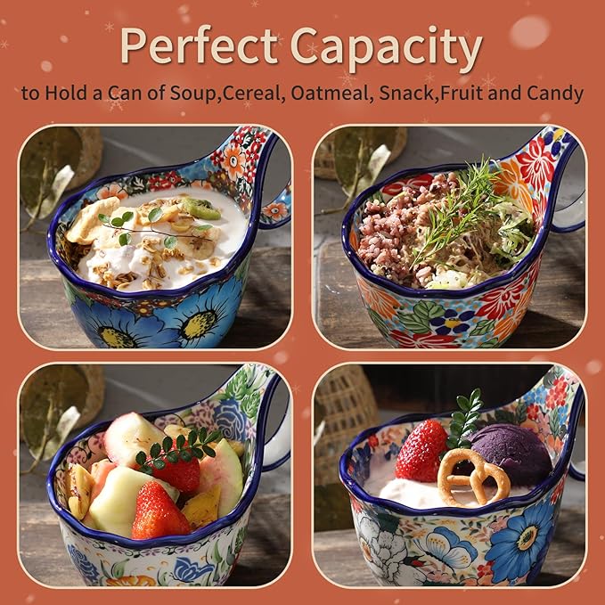 ALMA 2025 Updated Microwavable Soup Bowl with Large Long Handle,18oz Soup Bowl Giftable for Women,Unique Cereal Bowl for Soup,Yogurt,Snack,Chip,Stew,Ice cream-Wildflower Waltz Theme