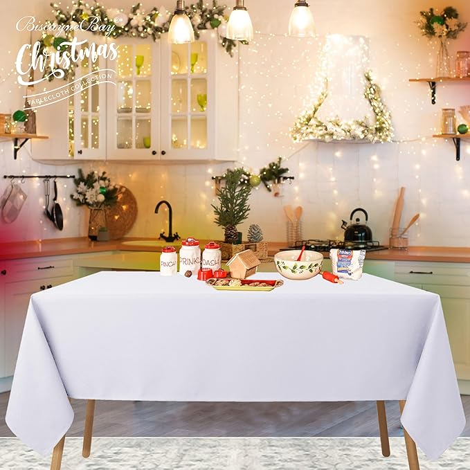 Biscaynebay Textured Fabric Tablecloths 70x120 Inches Rectangular, White Water Resistant Tablecloths for Dining, Kitchen, Wedding and Parties etc. Machine Washable
