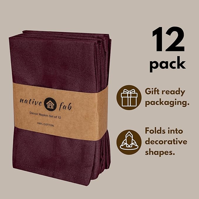 Native Fab Cloth Napkins, Set of 12, 17" x 17", 100% Cotton, Washable & Reusable Fabric Linen, Table Decor for Dinner, Events, Parties, Weddings – Burgundy
