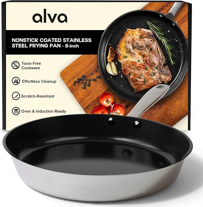 Alva Maestro 8-Inch Stainless Steel Nonstick Frying Pan – Made Without PFAS, PFOA & PTFE Ceramic Coating – Reinforced 5-Ply Aluminum Core, Oven & Induction Safe for Even Heat, Easy to Clean Coating